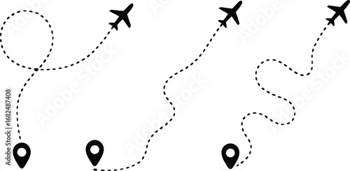Dotted airplane flight paths and location pins symbolizing travel journey and navigation