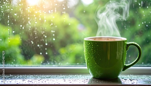 Steaming cup on a rainy windowsill. Drops cling to the bright green mug against a blurry green backdrop. Sunlight glows through the rain-streaked glass