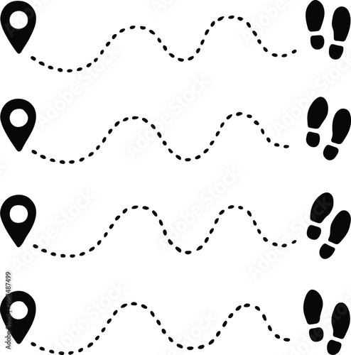 Set of four distinct dotted path lines with location pins and footprints indicating movement and direction