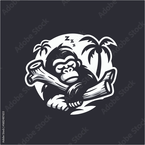 Monochrome illustration of a sleeping gorilla with a log.