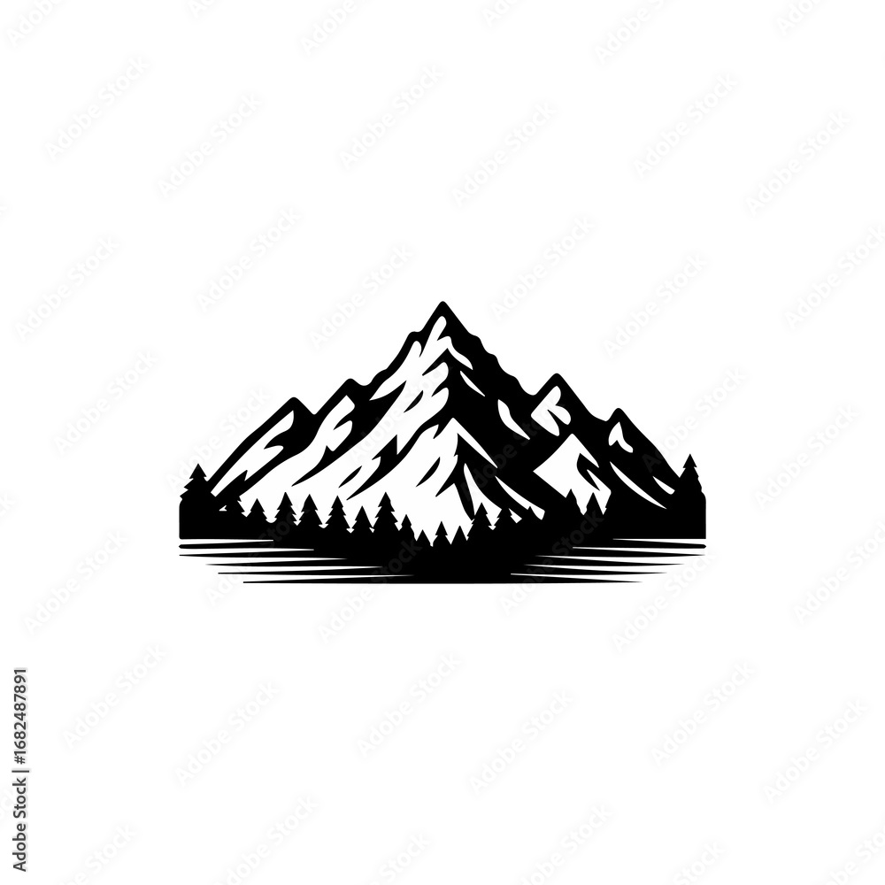 Fototapeta premium Monochrome mountain range with trees, nature landscape illustration design.