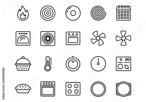 Collection of kitchen appliance and cooking icons in outline style fire flame
