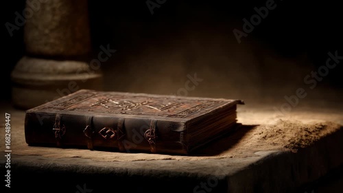Ancient Leather Bound Spellbook Covered in Dust