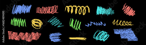 Decorative vector freehand smears and scratchy traces with bold scrawl texture. Curl, swirl and wave strokes in pop red, green, blue, turquoise and yellow on black color chalkboard stain inspired art.