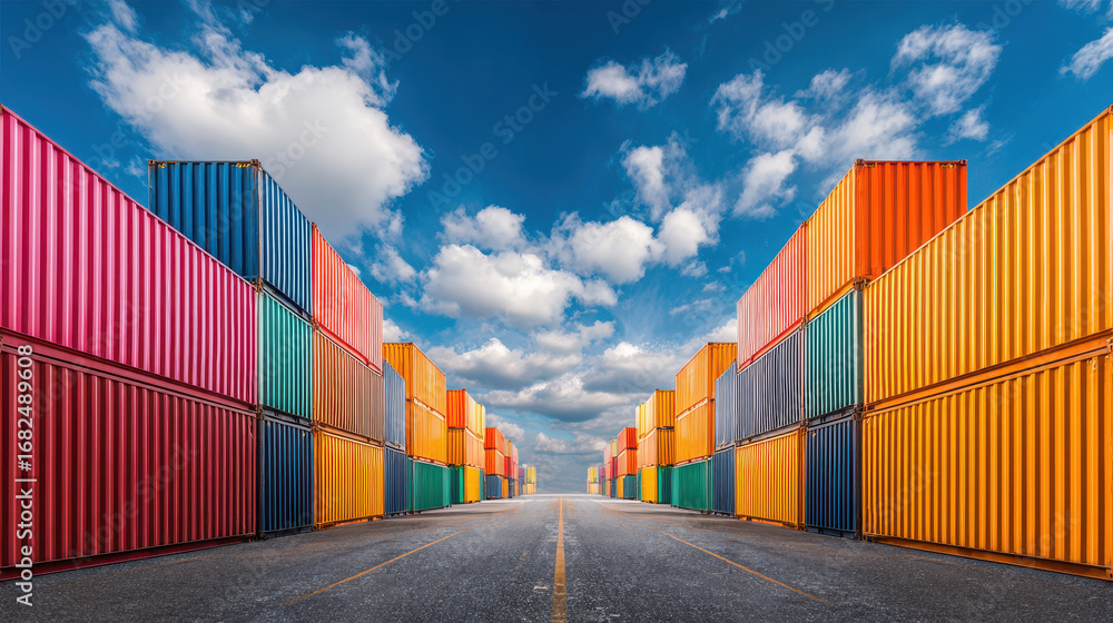custom made wallpaper toronto digitalVibrant container yard with colorful shipping containers stacked high under blue sky, industrial export scene with dynamic perspective and energetic atmosphere
