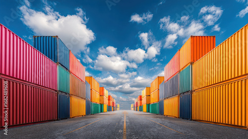 Wallpaper Mural Vibrant container yard with colorful shipping containers stacked high under blue sky, industrial export scene with dynamic perspective and energetic atmosphere Torontodigital.ca