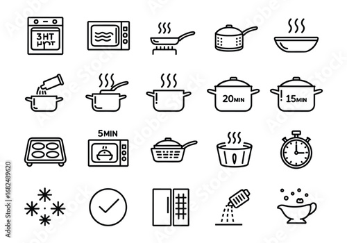 Kitchen Appliance and Cooking Process Icons in Outline Style oven microwave
