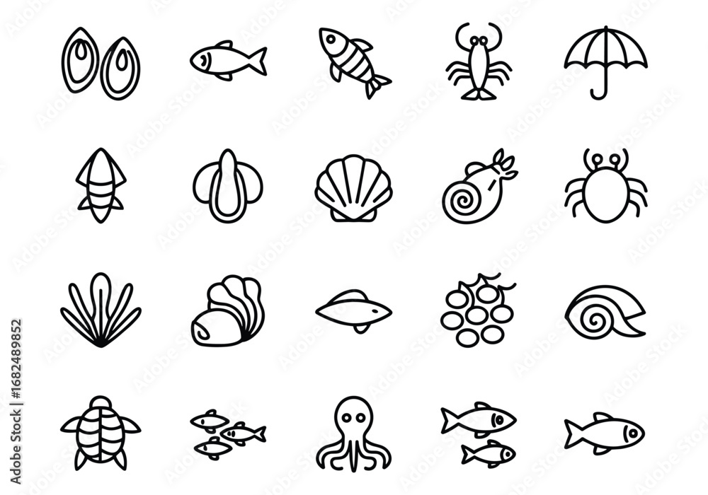 Obraz premium Marine Life and Seafood Line Art Icons Collection ocean fish