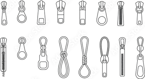 Zipper pull and slider illustration set, fashion accessory components, clothing hardware design, sewing pattern elements, zipper parts, mechanical fasteners outline