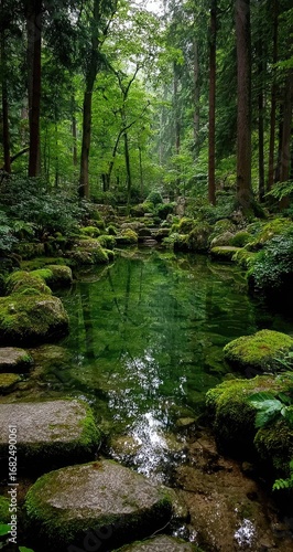 Tranquil forest stream reflecting lush greenery