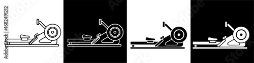Rowing machine illustration in four variations, black and white, fitness equipment.