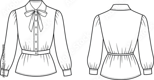 Women’s blouse flat sketch, fashion technical drawing, long sleeve shirt, front and back view, bow tie collar, garment design