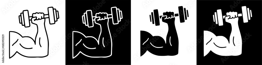 Fototapeta premium Four variations of an arm lifting a dumbbell, shown in black and white, with different color inversions.