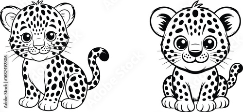 Cute cartoon baby leopards black and white vector, jungle animal illustration for coloring books, kids design, wild cat artwork
