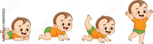 Baby crawling and walking development stages, cartoon character progression, infant growth milestones, cute toddler learning movement, vector illustration concept