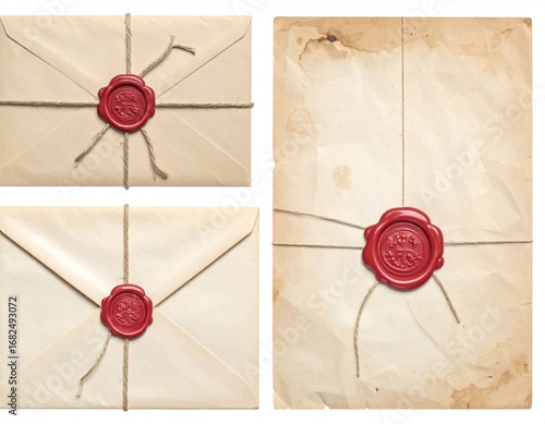 Three envelopes with red wax seals and string, two are plain and one is stained with brown spots, arranged in a collage