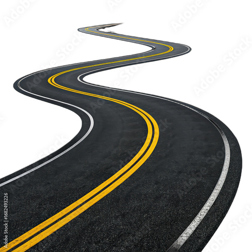 Curved asphalt road with double yellow lines png transparent background road image cut out png highway png isolated winding street png traffic lane png road design png