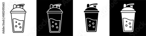 Three black and white illustrations of a shaker bottle filled with a liquid drink.