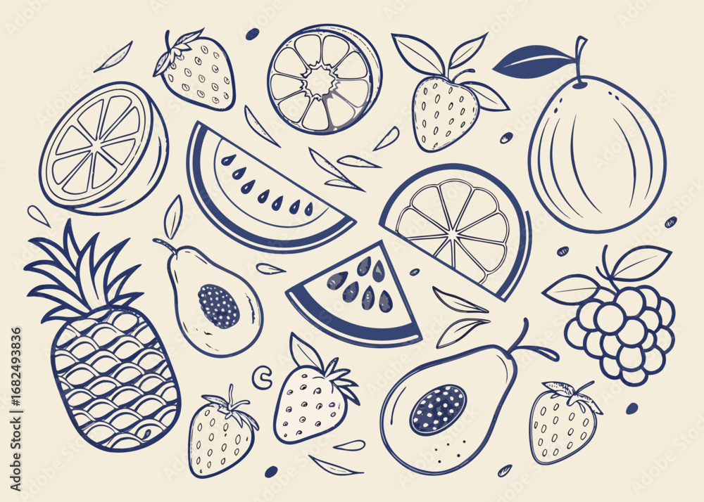 Fototapeta premium Diverse Hand Drawn Fruits and Leaves on Light Background