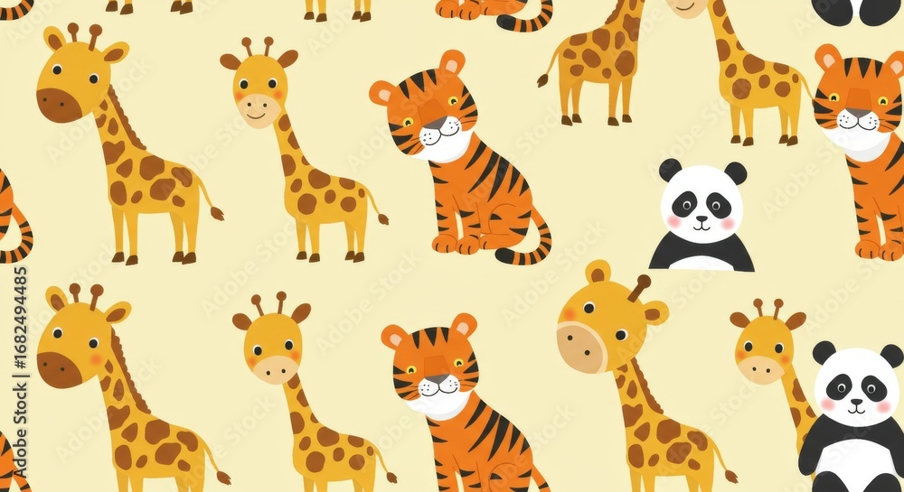 Fototapeta premium Cartoon Giraffes Tigers and Panda Bear Pattern on Yellow Background.