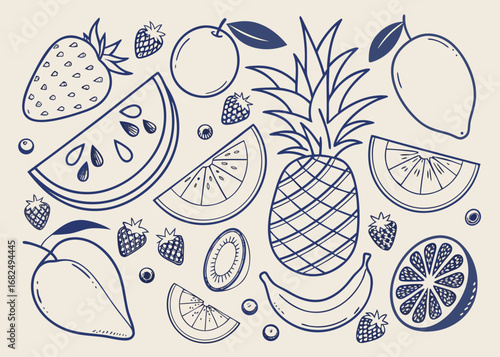 Hand Drawn Assortment of Fruits and Berries berry strawberry