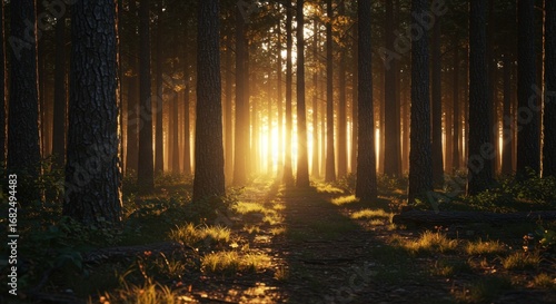 Sunbeams pierce a dense forest with a path