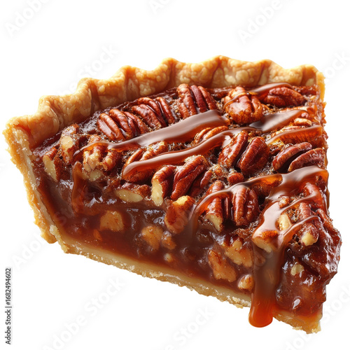 Slice of pecan pie with caramel drizzle isolated on Transparent Background