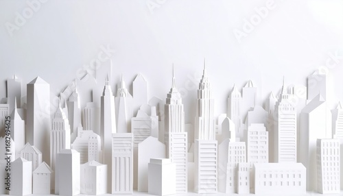 A monochromatic, paper-cut cityscape of tall buildings, presented in a bright, ethereal style with layered depth showcasing building variations