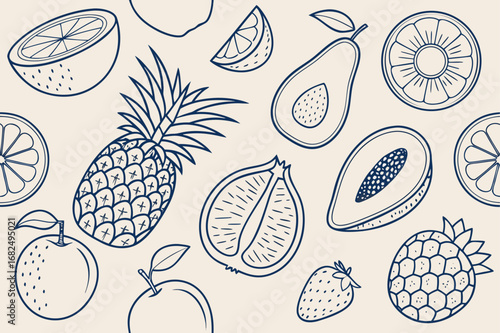 Hand Drawn Fruit Pattern With Pineapple Apple And Papaya
