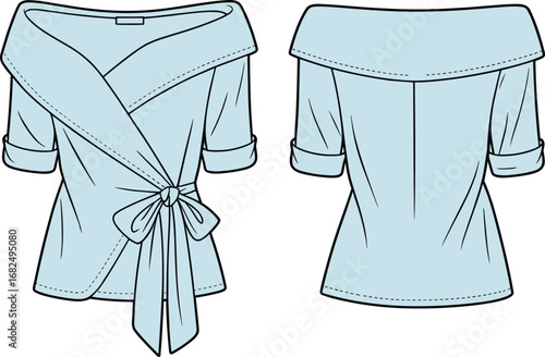 Elegant women's wrap blouse fashion flat sketch, off-shoulder top design with bow detail, front and back technical drawing illustration
