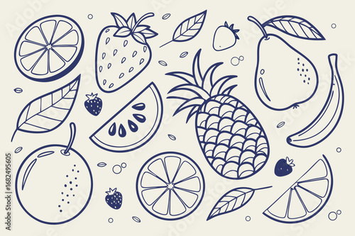 Hand drawn fruit collection with banana orange and strawberry