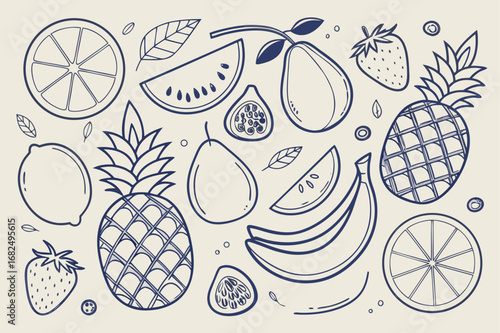 Various hand drawn fruits with lemon pineapple and fig