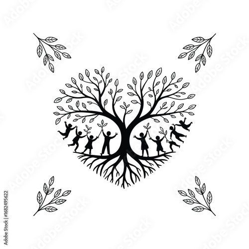 Heart shaped tree of life with silhouetted people and branches symbolizing growth family unity white background