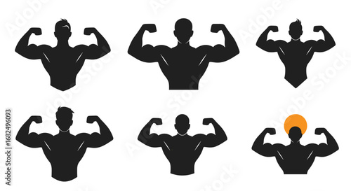 Dynamic bodybuilder silhouettes flexing muscles showcase strength and athletic achievement for fitness brands