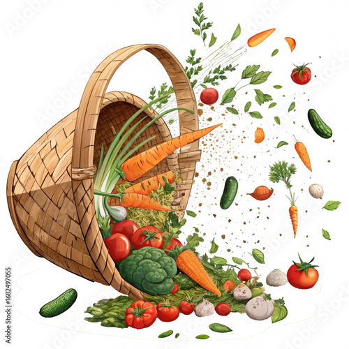 Freshly harvested vegetables spilling from a woven basket, perfect for healthy eating and farm-to-table concepts