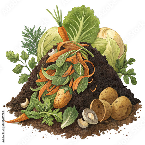 Vibrant illustration of composting organic food scraps, perfect for sustainable gardening and eco-friendly living