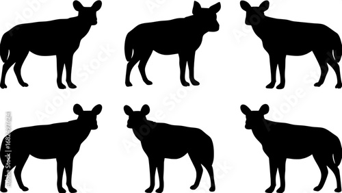 "Black animal silhouettes in a grid composition, five hyenas in profile poses and one African wild dog, simple bold outlines, high-contrast minimalism on white background."