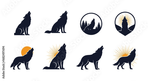 Majestic wolf silhouettes howling at sunbursts and moonlit skies, perfect for branding