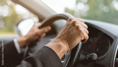 Close-up shot of a person's hands gripping a car's steering wheel, ready to drive.