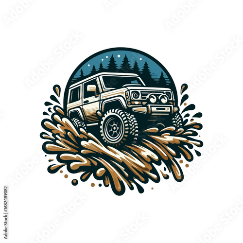 Off Road Vehicle Driving Through Mud Splashes Illustration.