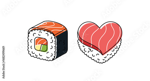 Delicious sushi and heart-shaped sashimi convey love for Japanese cuisine and healthy eating.