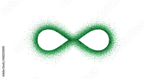 Dynamic green infinity symbol crafted from scattered particles on a clean white background