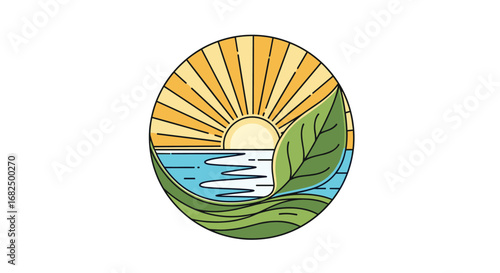 Vibrant sunrise over tranquil ocean waters with lush green leaf framing serene natural beauty