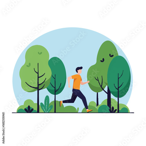A vibrant flat 2D vector illustration depicts a person jogging actively through a serene park, surrounded by lush green trees under a clear blue sky, emphasizing healthy outdoor activity and movement.