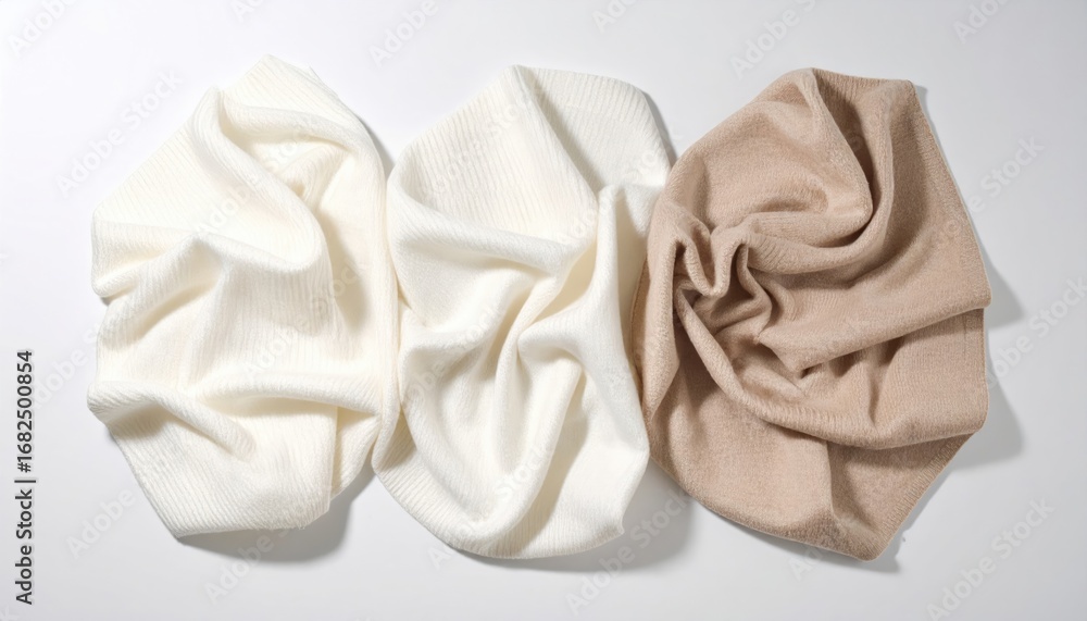 Obraz premium Three soft, folded knit fabrics, ranging from white to beige, arranged on a stark white surface, highlighting the texture and folds of the material