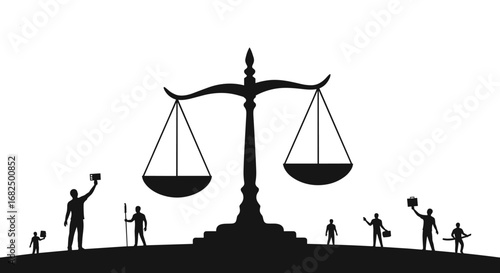 Diverse silhouettes gather around scales of justice, symbolizing legal, business, and social balance