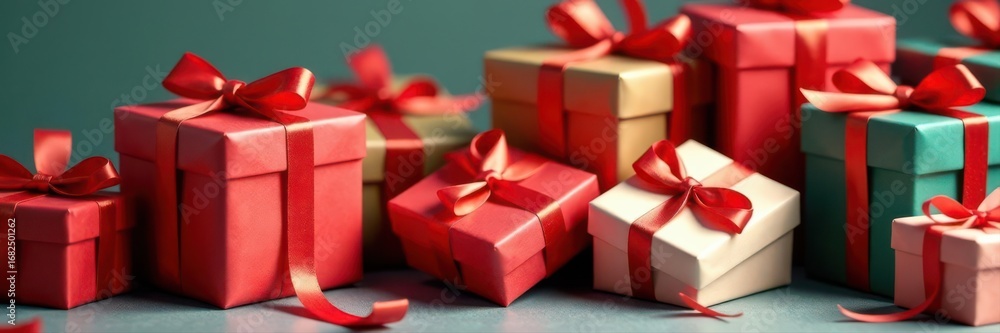 Fototapeta premium Pile of brightly wrapped Christmas & New Year gift boxes with silk ribbons and bows , ribbon, wrapping