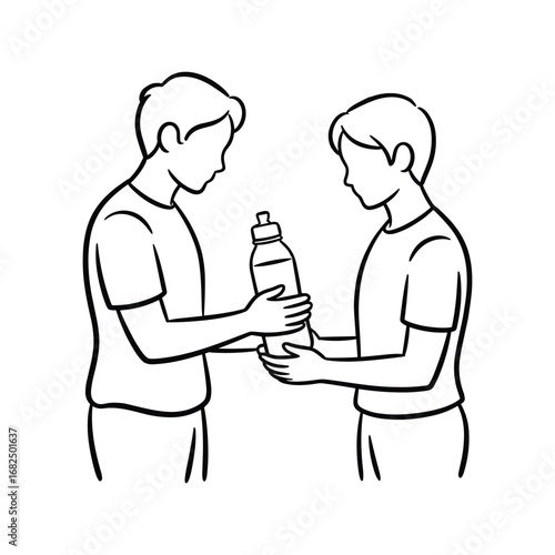 Two individuals are shown in this line drawing one is passing a water bottle to the other. white background