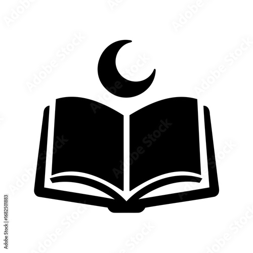 Open book with a crescent moon above, representing knowledge and faith