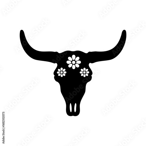 Elegant black silhouette of a bull skull decorated with white flowers